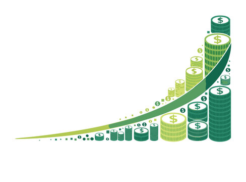 Exponential growth curve made from coins and data points, representing compound interest over time, smooth curved line, modern vector style
