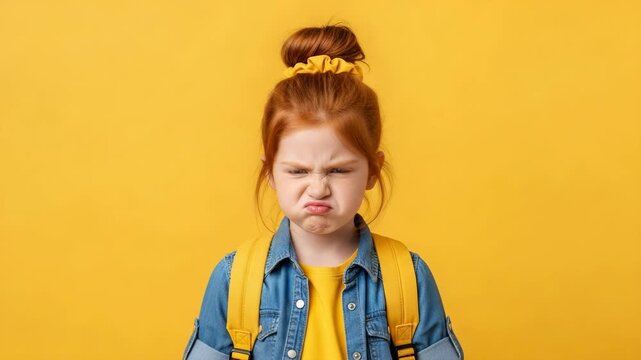 Portrait of a grumpy little girl with red hair
