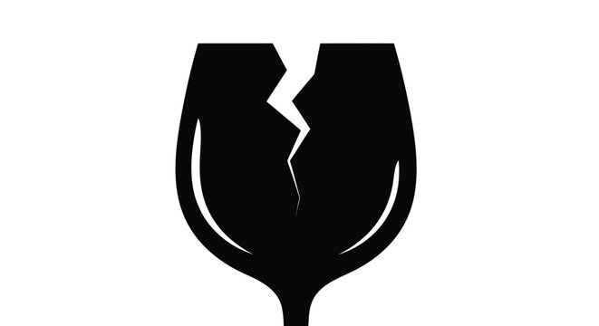 Black and white vector illustration showing a fragile cracked wine glass symbol for shipping safety
