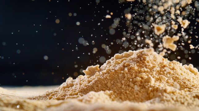 Fine powder dust particles floating in the air above a mound of flour with a dark blurred background
