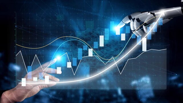A visually striking image showcasing the collaboration between a human hand and a robotic hand analyzing financial data with a growing graph, symbolizing innovative technology in finance. Copula