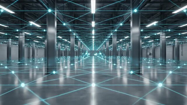 Futuristic warehouse interior with illuminated ceiling lights and interconnected blue lines creating a digital network across the polished concrete floor and steel columns
