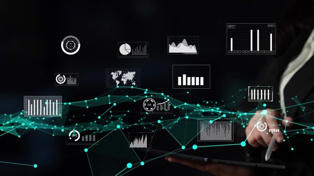 Explore the interplay between technology and data as a professional analyzes graphs and charts on a tablet, highlighting modern analytics in business strategies. Xenic
