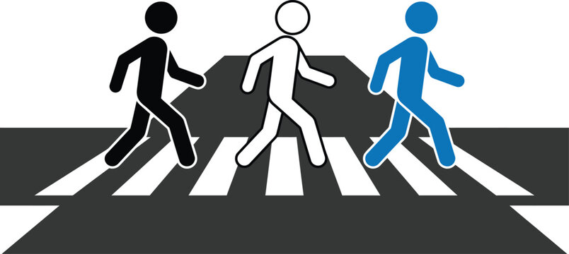Three stick figures crossing a road on a zebra crossing with one blue figure leading the way