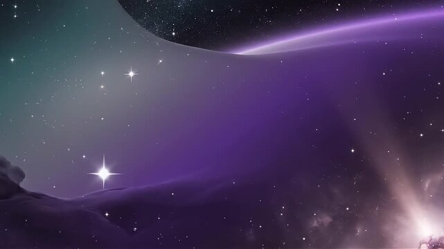 Space nebula background with purple cosmic dust clouds and glowing stars for science fiction and astronomy projects