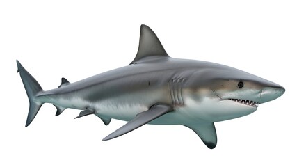 Fototapeta premium Great White Shark Isolated on White Background with Sharp Teeth and Powerful Fins.