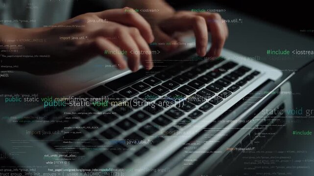 Close-up of hands typing on a laptop keyboard amidst dynamic lines of code, showcasing the essence of programming and the technology-driven workspace environment. Xenic