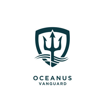 Oceanus Vanguard Nautical Shield Logo With Trident Representing Marine Security And Naval Strength.