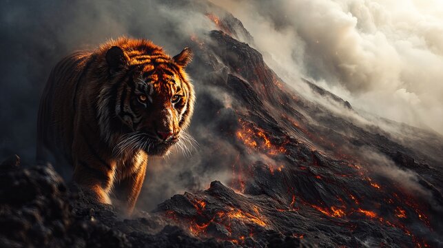 Majestic tiger standing on rocky volcanic terrain with glowing lava flows and thick swirling smoke clouds
