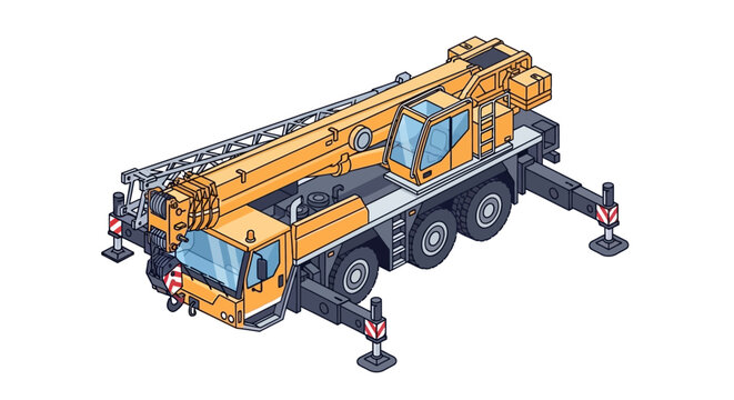 Isometric vector illustration of a powerful yellow mobile crane, featuring extended outriggers and a long boom, essential for heavy lifting and construction projects