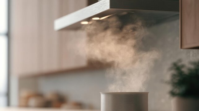 Kitchen countertop with a white cup on it. above the cup, there is a stainless steel range hood with three lights. the hood is emitting a cloud of smoke or steam, creating a hazy effect.