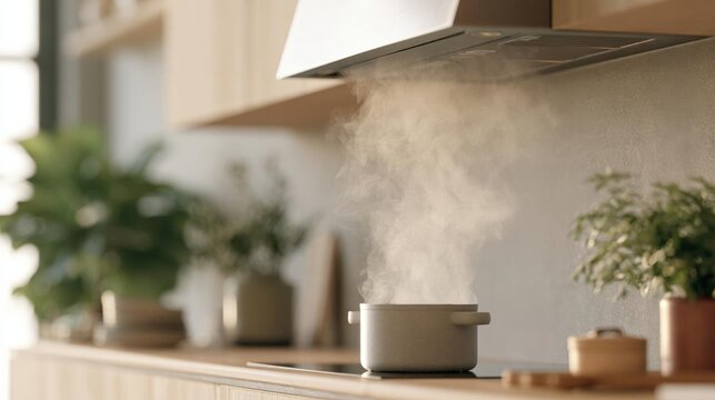 Kitchen countertop with a white range hood above it. on the countertop, there is a white pot with a handle and a lid. the pot is emitting a cloud of steam or steam that is rising from the hood.