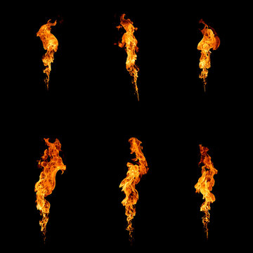 Collection of realistic fire flames isolated on black background with blazing orange heat effect. Abstract burning fire elements for overlays, visual effects, energy, danger, explosion and cinematic f