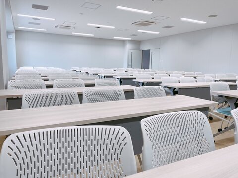 Interior of empty modern university lecture hall classroom