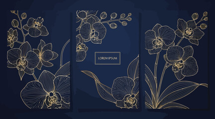 Set of luxury greeting cards with golden orchid flowers on dark blue background, elegant floral botanical design © S.Siam