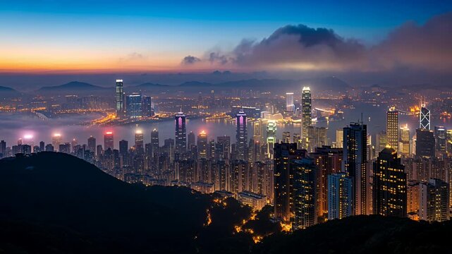 city skyline at dusk over hill with illuminated skyscrapers