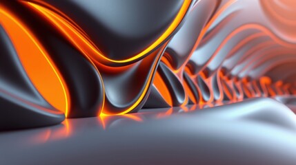 Obraz premium Abstract fluid shapes, vibrant orange highlights, dark metallic surfaces. Smooth curves create dynamic tunnel perspective. Modern digital art.