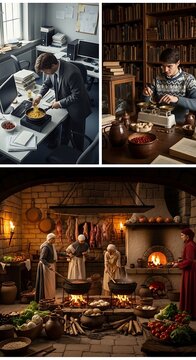 Three scenes depicting different eras of labor modern office work, an antiquated library, and a medieval kitchen