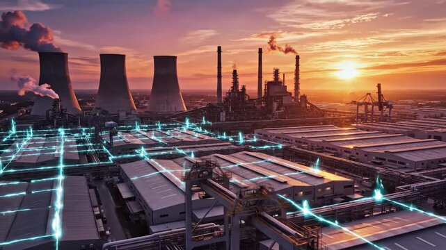 Industrial landscape showcasing power plant with cooling towers and smoke stacks at sunset, illuminated grid lines connecting factory buildings in a sprawling manufacturing complex