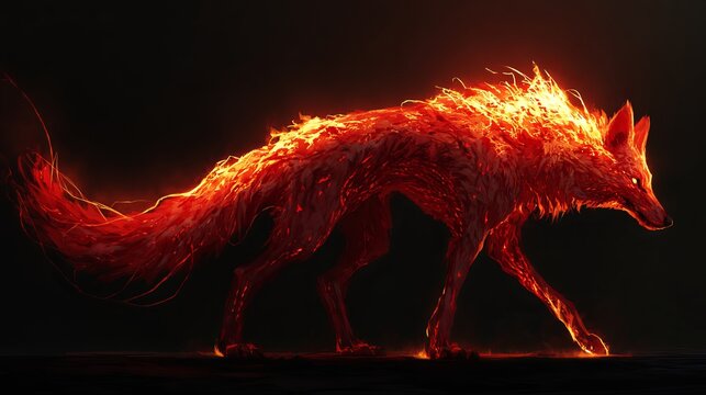 Majestic fox made of bright burning flames walking through the dark shadows of the night
