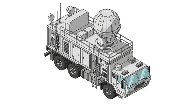 Isometric mobile radar truck with advanced communication and surveillance technology for military or scientific applications