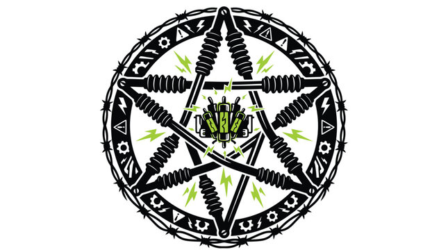 pentagram within circular seal symbol graphic.
