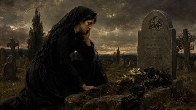 Grieving Woman in Black Veil at Cemetery Tombstone, Mourning Loss