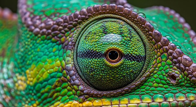 Macro shot capturing the vibrant eye and textured skin of a chameleon, showcasing intricate details and vivid color variations