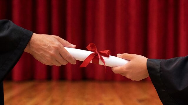 Graduation Ceremony: Hands exchange diploma scroll with red ribbon against velvet curtain backdrop