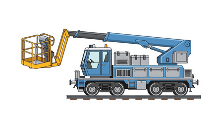Obraz premium A blue railway maintenance vehicle with a raised boom lift and bucket, designed for industrial railway infrastructure work and high-reach access on tracks