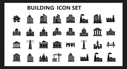 Fototapeta premium Professional black vector icon set featuring various city buildings and essential construction tools for modern design