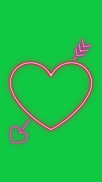 heart with arrow neon lights valentines day celebration and love icon isolated on green screen animation, choma key romantic valentine and wedding vertical social media motion design elemment