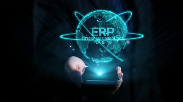 ERP platform visual showing centralized system for enterprise resource planning, improving integration, data flow, business efficiency, finance, inventory, and human resources. Elide