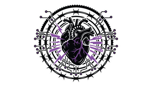 Biomechanical heart surrounded by circular gears design.