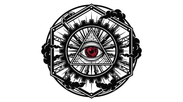 All seeing eye within ornate geometric circle emblem.