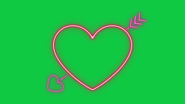 heart with arrow neon lights valentines day celebration and love icon isolated on green screen animation, choma key romantic valentine and wedding social media motion design elemment