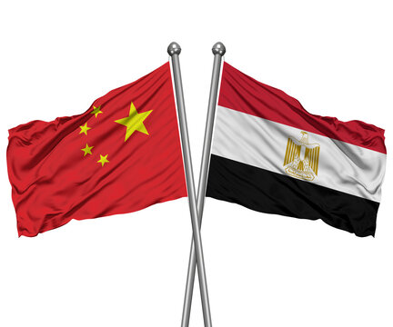 China and Egypt Crossed Desk Flags &ndash; Strategic Partnership 3D Render
