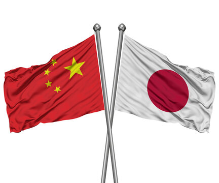 China and Japan Crossed Desk Flags &ndash; East Asia Diplomacy 3D Render