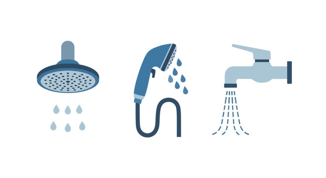 Flat vector illustration showing bathroom plumbing fixtures with water flowing from shower heads and faucets