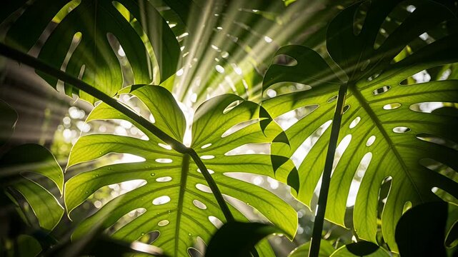 monstera leaves backlit by sunlight lush green tropical foliage closeup