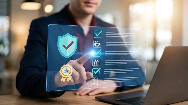 Businessman interacting with transparent digital interface on desk with laptop transparent screen checklist