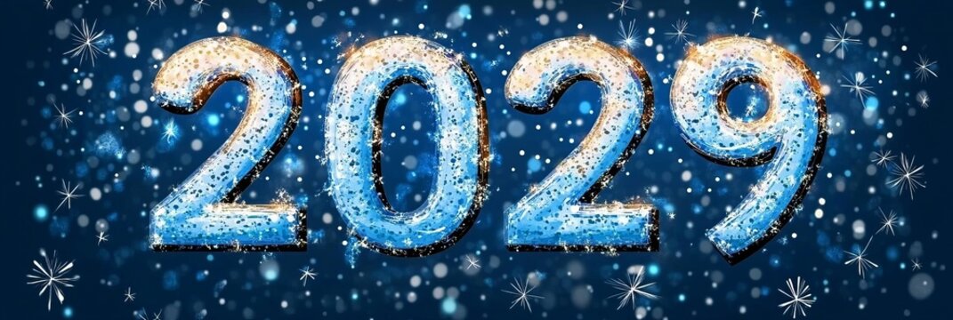 Colorful 2029 New Year Celebration Banner with Sparkling Lights and Snowflakes, Joyful Ambiance.
