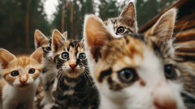 A Curious Group of Kittens Exploring Their Forest Environment, Captured in a Heartwarming Close-Up That Showcases Their Unique Personalities and Playful Nature