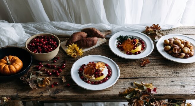 Rustic autumn harvest table setting featuring roasted sweet potato slices and fresh cranberries served on white ceramic plates with a small pumpkin and dried fall leaves on wood