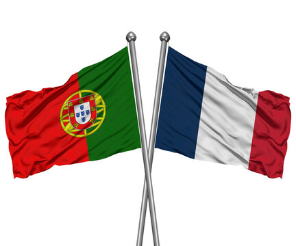 Portugal and France Crossed Desk Flags &ndash; European Alliance 3D Render