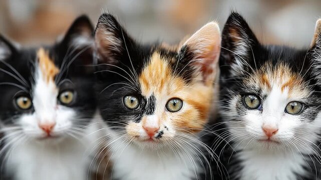 Three Adorable Calico Kittens Playing Together with Their Unique Patterns and Playful Expressions Captured in a Beautiful Close-up
