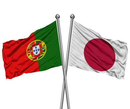 Portugal and Japan Crossed Desk Flags &ndash; Foreign Policy 3D Render