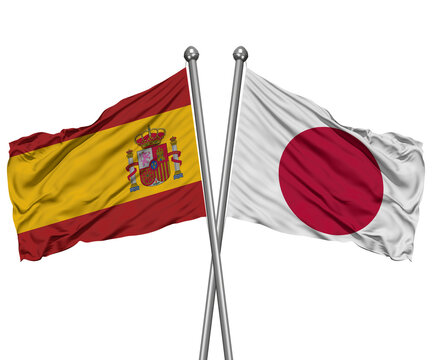 Spain and Japan Crossed Desk Flags &ndash; International Relations 3D Render