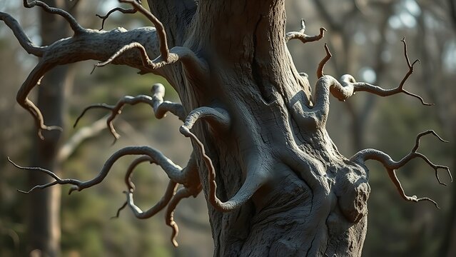 abnormal. Twisted tree trunk with abnormal growth patterns, branches extending like tentacles. gardening catalogs, home-decor guides, designed for gardening and botanical catalogs.