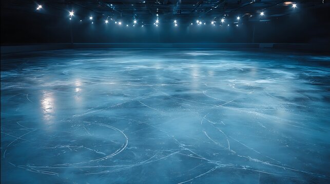 Empty Ice Skating Rink Under Dim Arena Lights.